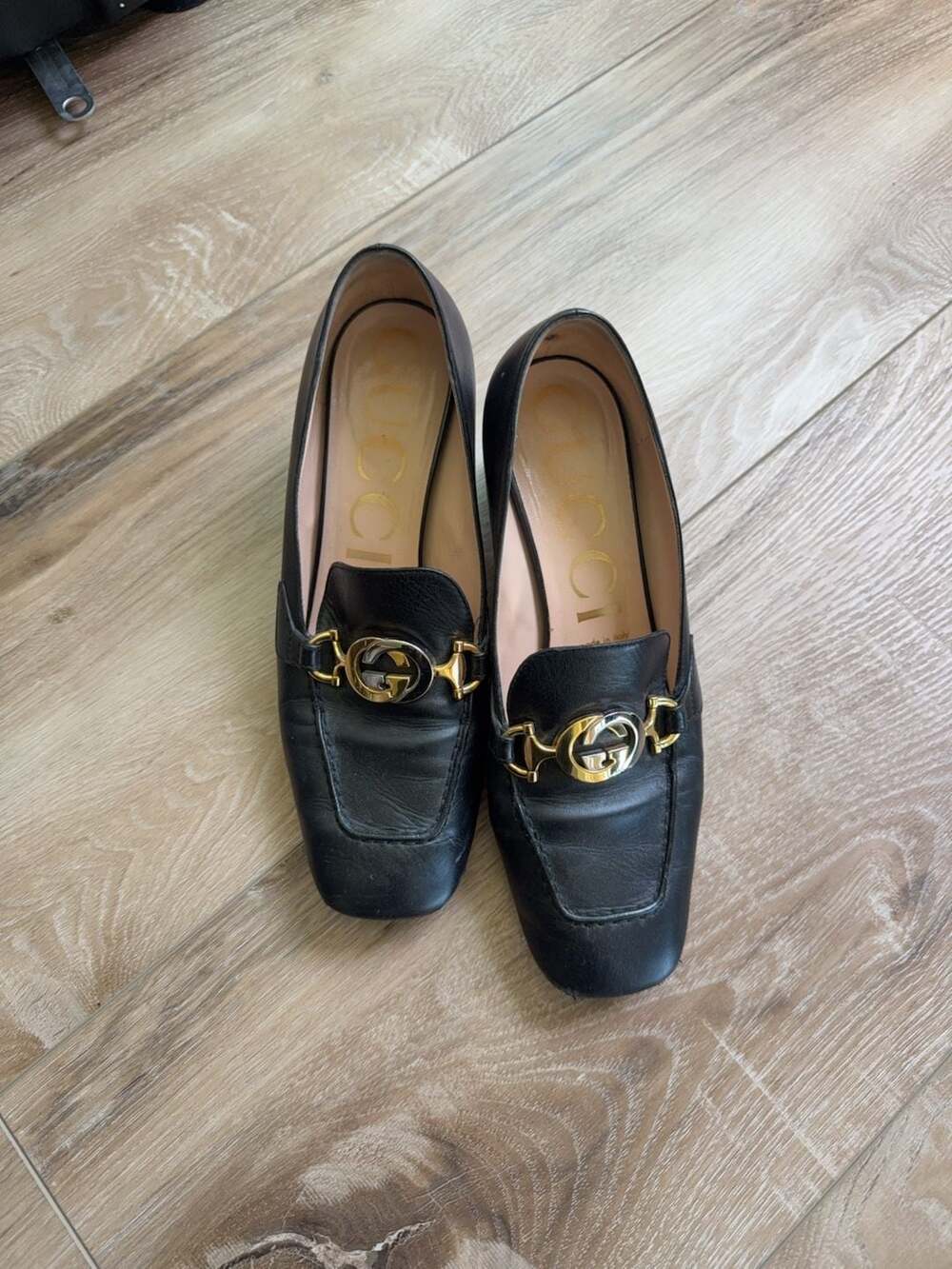 Gucci Black Leather Horsebit Block Heel Loafers Size 38.5 - Picture 2 of 5